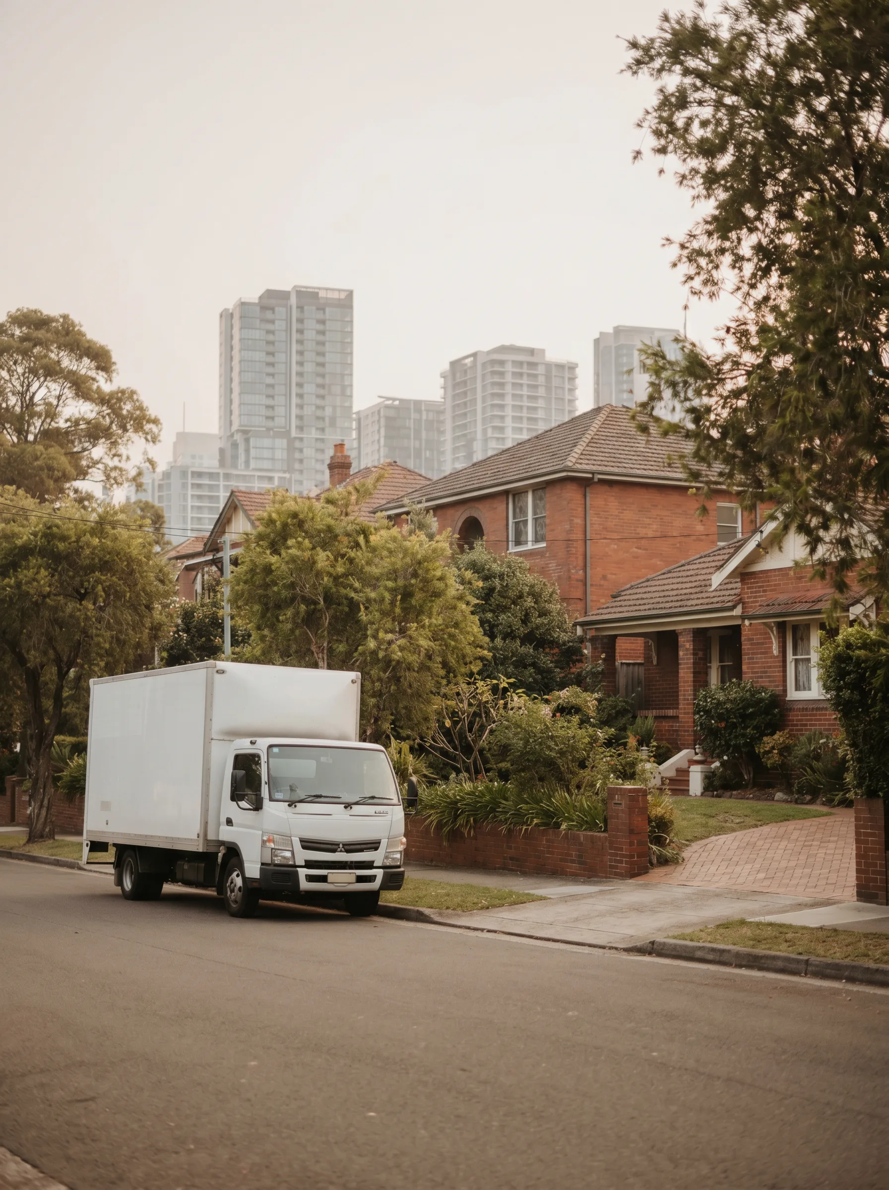 A quiet Ryde street of brick family homes with a removal truck, near the apartment towers of the Metro line