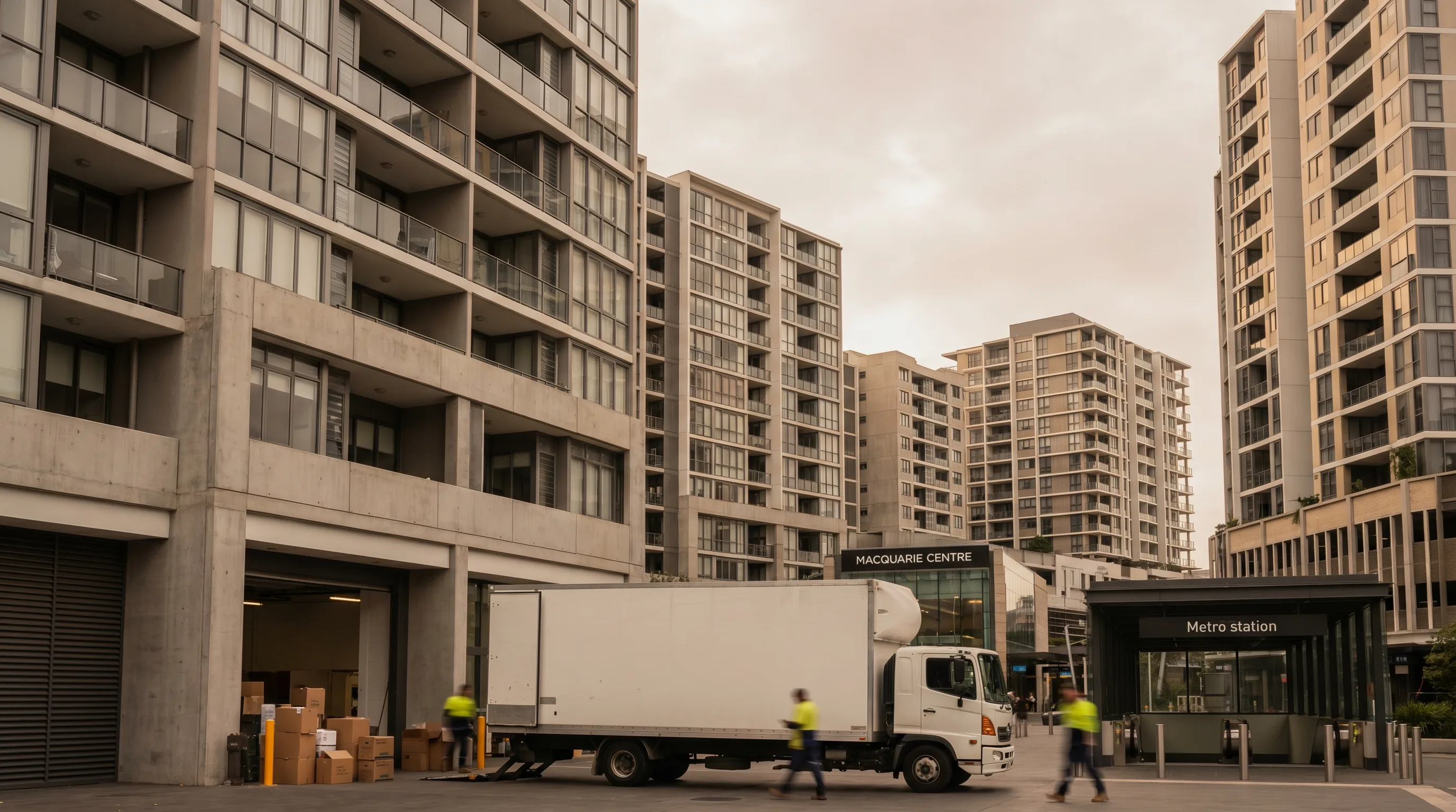 A street in Macquarie Park, Northern Districts, with a removal truck