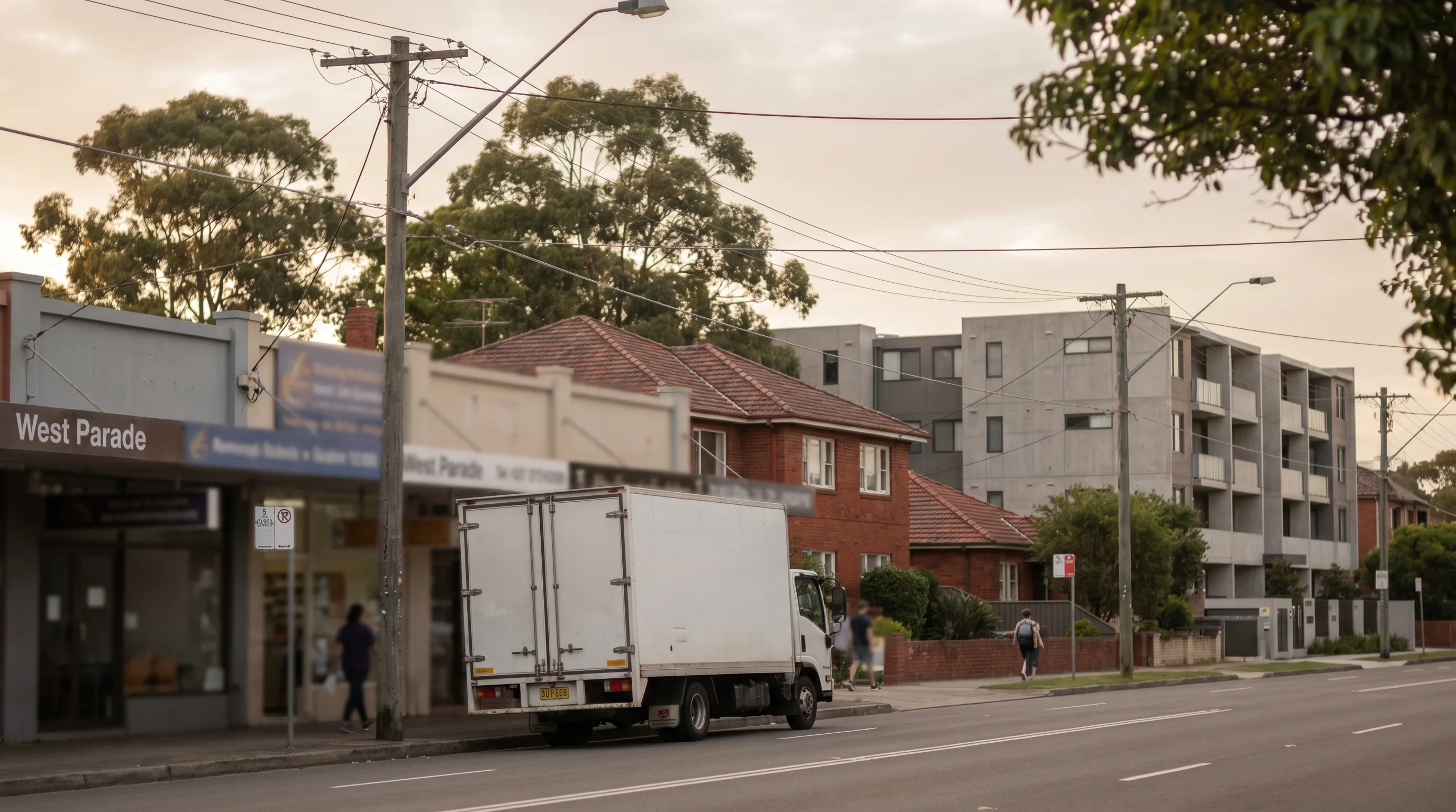 A street in West Ryde, Northern Districts, with a removal truck
